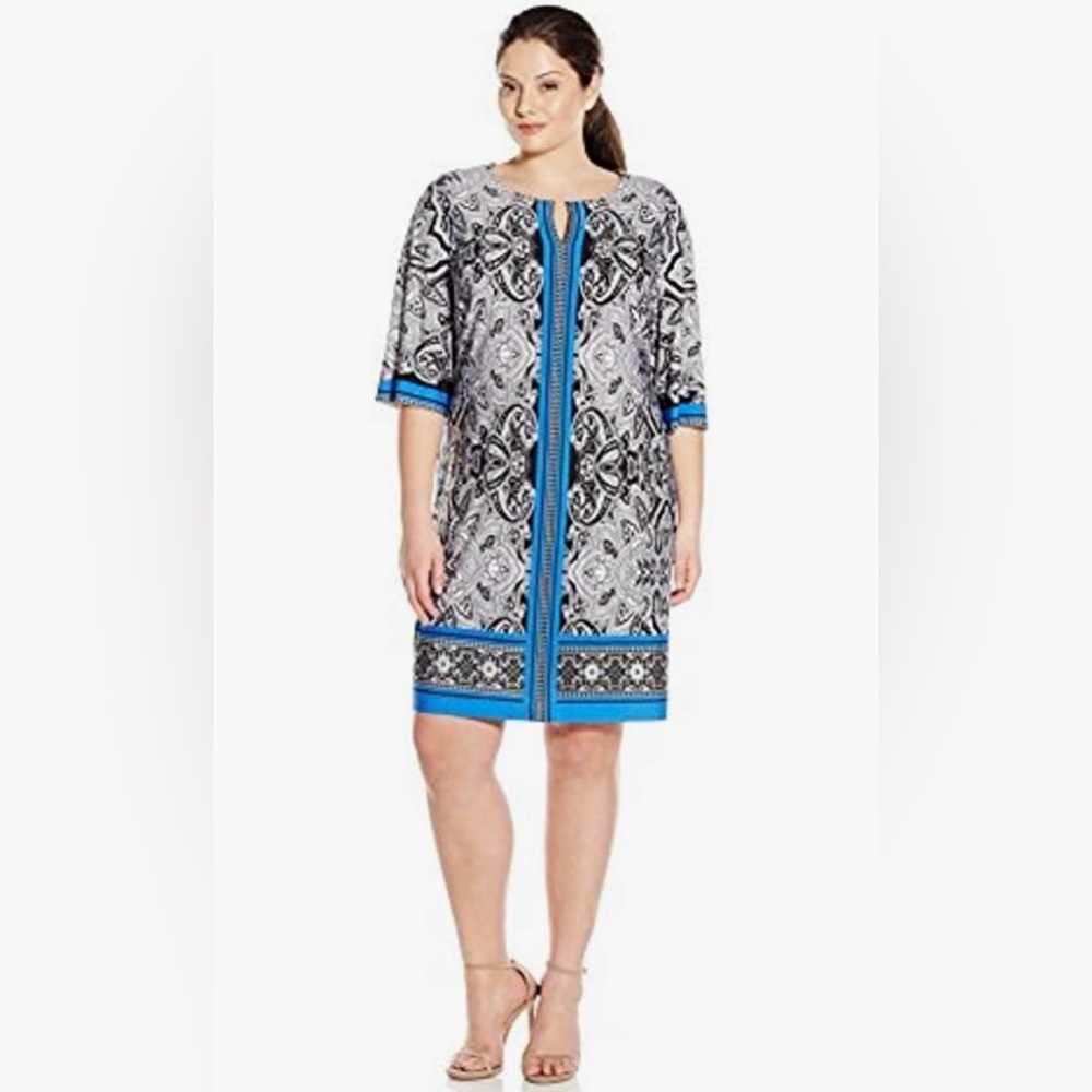 Women's Three-Quarter-Sleeve Knit Dress; Blue/Gray/Black/Ivory; 24 Plus